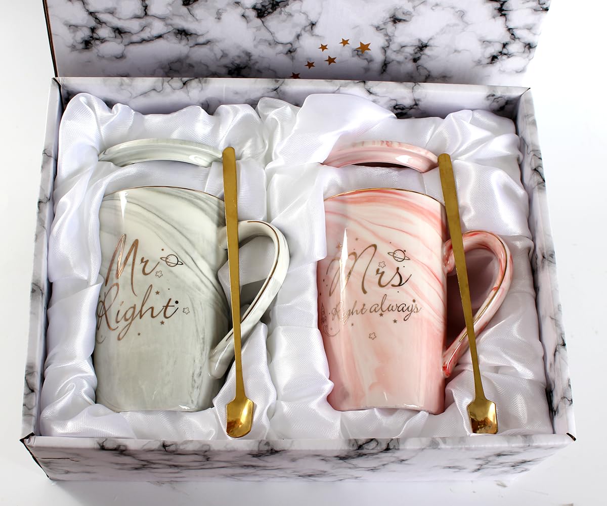 Hylruu Mr Right & Mrs Always Right Coffee Cups Set, Gifts For Couple Engagement Bridal Shower Bride And Groom Anniversary 14 Oz Ceramic Marble Cup With Gold Pattern (Mr Right & Mrs Always Right)