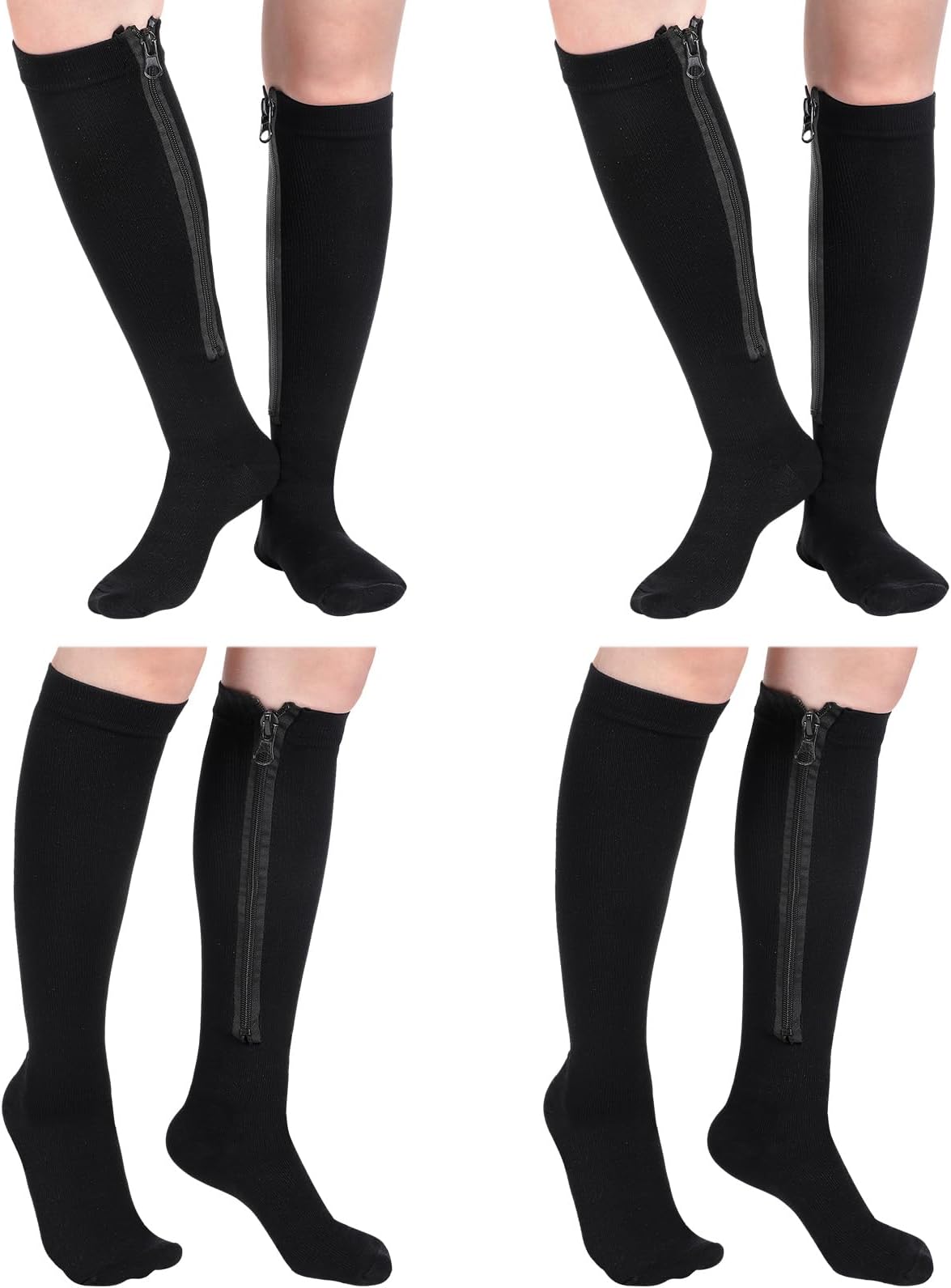 Tarpop 4 Pairs Inside Zipper Compression Socks 20-30 mmHg Inside Zipper Compression Stockings Closed Toe Knee Length Zipper Compression Socks for Women Men Swell Edema