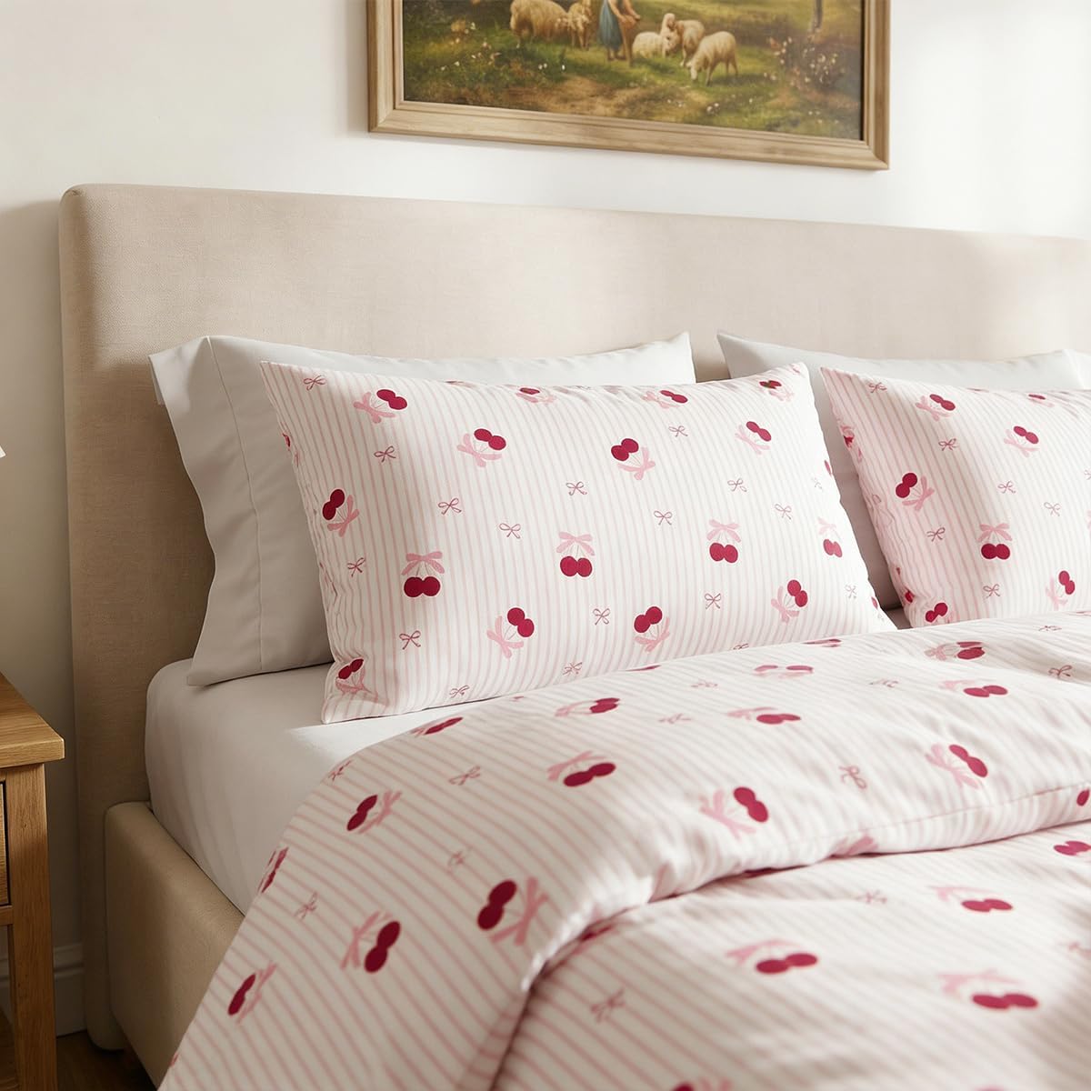 Comforter Set Full Pink Striped Bedding Set for Girls Kids, Cute Red Cherry Bow Stripes Design, Coquette Pink Comforter with 2 Pillowcases, 3 Pieces