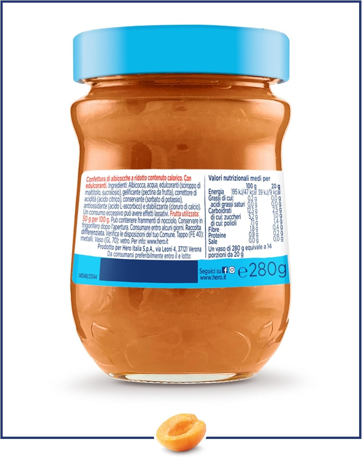 Hero Light Aprikose Marmelade 8x280g ohne Konservierungsstoffe Italian Gourmet Polpa 400g