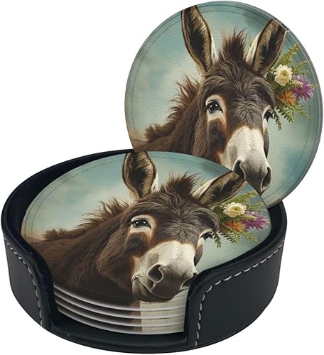 Miniatura 8 de Juego de 6 posavasos de cuero con estampado de animales de burro, resistentes al calor para bebidas, tapete redondo con estuche de almacenamiento