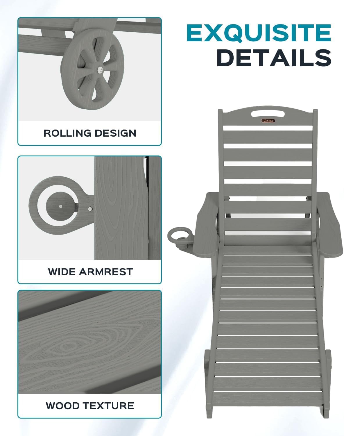 Outdoor Chaise Lounge Chair Set of 2, Patio Lounge Chairs for Outside, HDPE Lounge Chairs with Wheels & Cup Holder, Poly Lounge Chair with 5 Position for Poolside, Deck, Grey