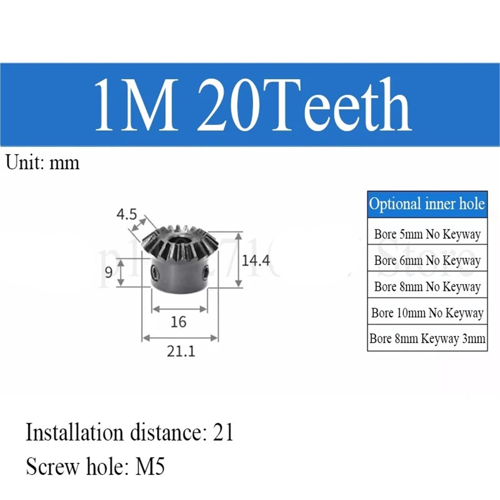 Engranaje cónico recto de acero, Engranaje cónico 1:1 1M 20/25/30 dientes 45 acero ángulo de 90 grados orificio for tornillo M5(Bore 8mm Keyway 3mm,1M 20 Teeth)