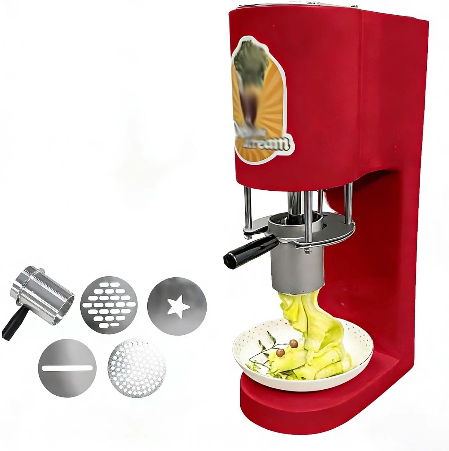 Electric Noodle Ice Cream Press Machine with 4 Molds, Professional Spaghetti Ice Cream Maker 7.9 Gal/Hr Output, 6-8s/ cup, One-Touch Start, East Clean, for Shops, Bars, Dessert Maker(Red)
