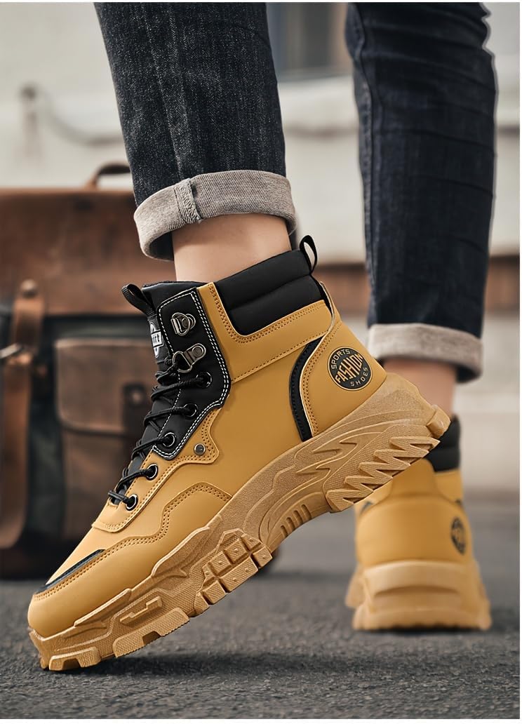 High-Top PU Leather Hiking Boots Men's Style, Street Sports Black Motorcycle Work Boots, Casual Round Toe Lace-Up Shoes, Universal Fit for Spring/Fall, All-Season