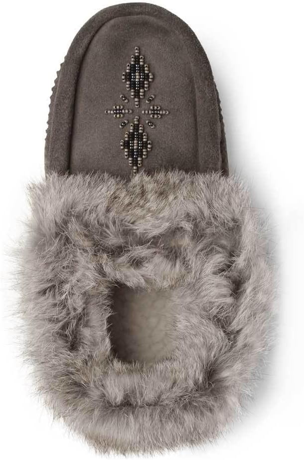 Manitobah Tipi Moccasin - Womens Indoor Slipper, Fleece-Lined, Suede Leather, Rabbit Fur Trim