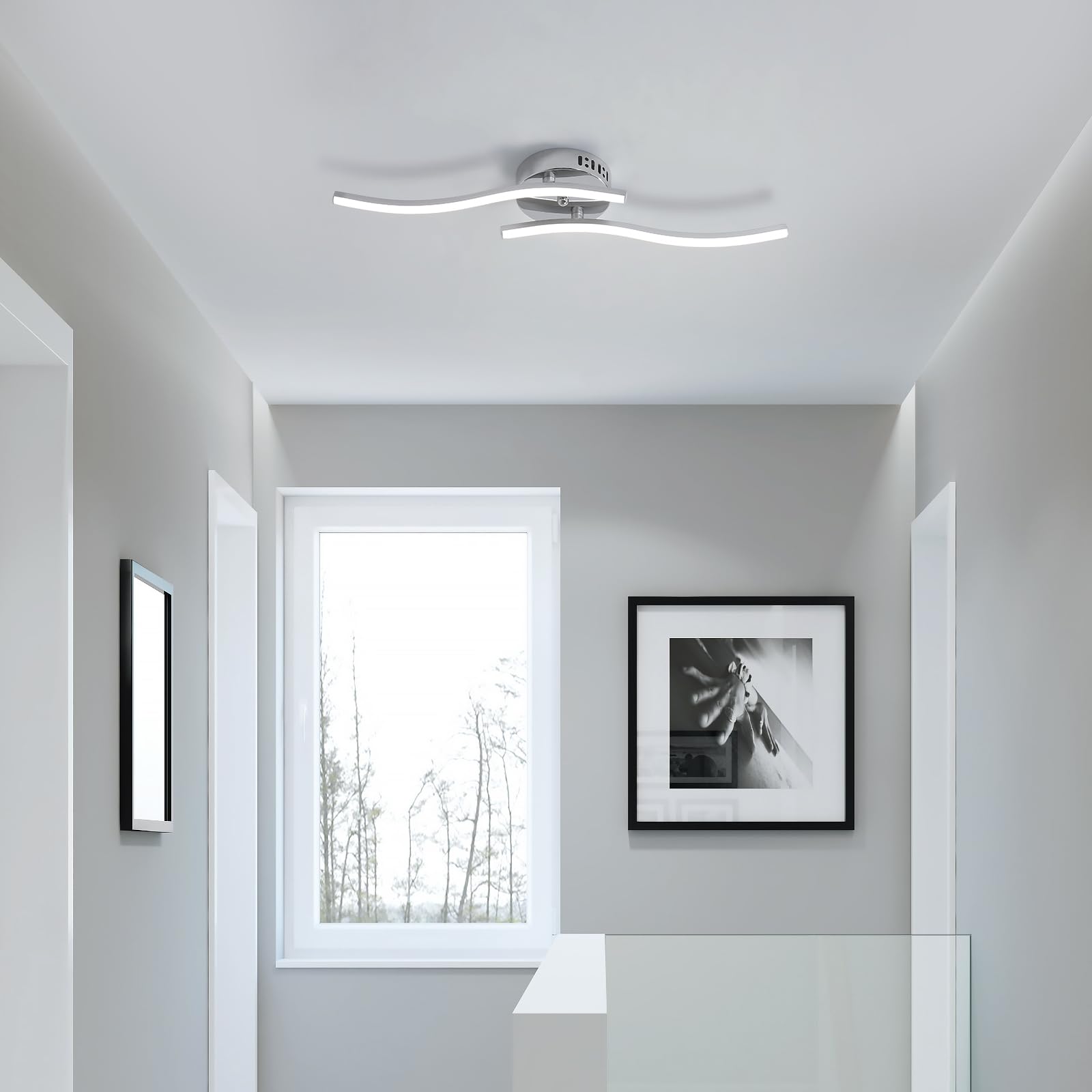 Goeco Plafoniera LED Soffitto Argento 14 W 52 cm 6500K Lampadario da Soffitto con 2 Fiamme Moderni Design Curvo Luce Bianca Fredda Lampada in Acrilico per Camera da Letto Soggiorno Cucina