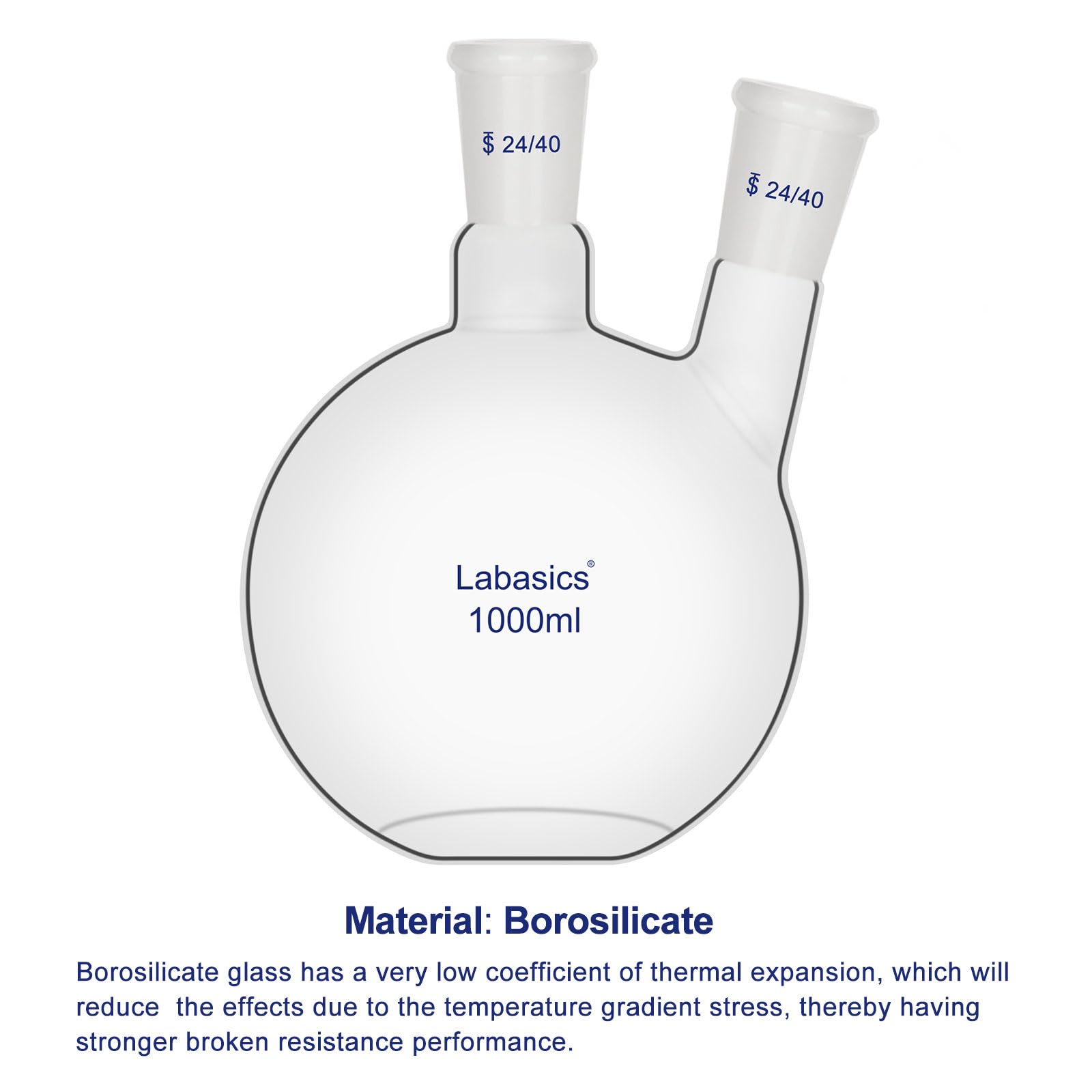 Labasics Fiole Bouilloire à Fond Plat à 2 Cols, Joint 24/40, Verre Borosilicaté, Résistante à la Chaleur pour Distillation et Laboratoire, 1000ml