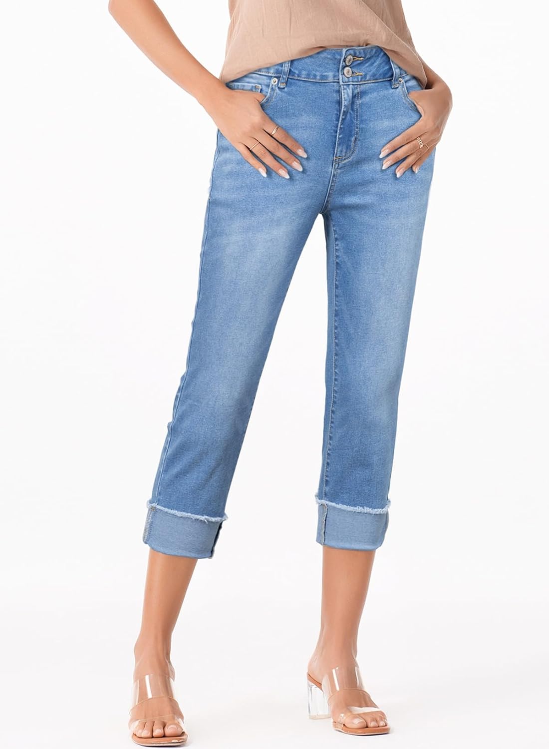 Sidefeel Women's Capri Jeans High Waisted Stretchy Roll-up Skinny Cuffed Cropped Zimbaplatinum Summer Capri Pants - Image 3