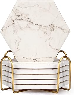 6 Pcs Cute Marble Absorbent Coaster Set with Holder Hexagon Drink Coasters Modern White Ceramic Thirstystone Coasters Cup Wine Coaster Table Bar Coasters Stone Coasters