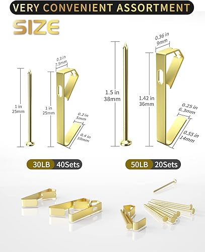 Miniatura 2 de Ganchos para colgar cuadros, kit de 120 ganchos para colgar cuadros con clavos para pared de madera de yeso, incluye ganchos de 30 libras y 50