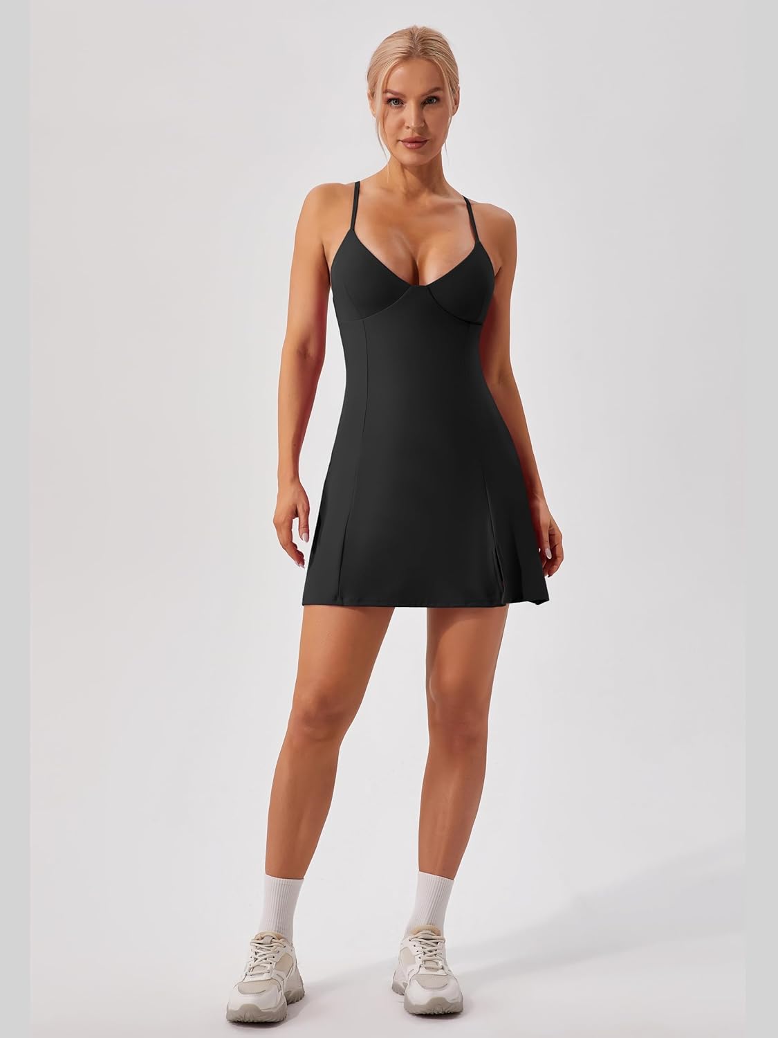 ABOCIW Womens V Neck Spaghetti Strap Tennis Dress with Shorts Workout Side Slit Active Golf Dresses