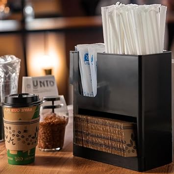 4-Section Countertop Cup, Lid, and Straw Organizer - Black, Durable Polypropylene Beverage Station Organizer for Coffee Shops, Convenience Stores, and Breakrooms