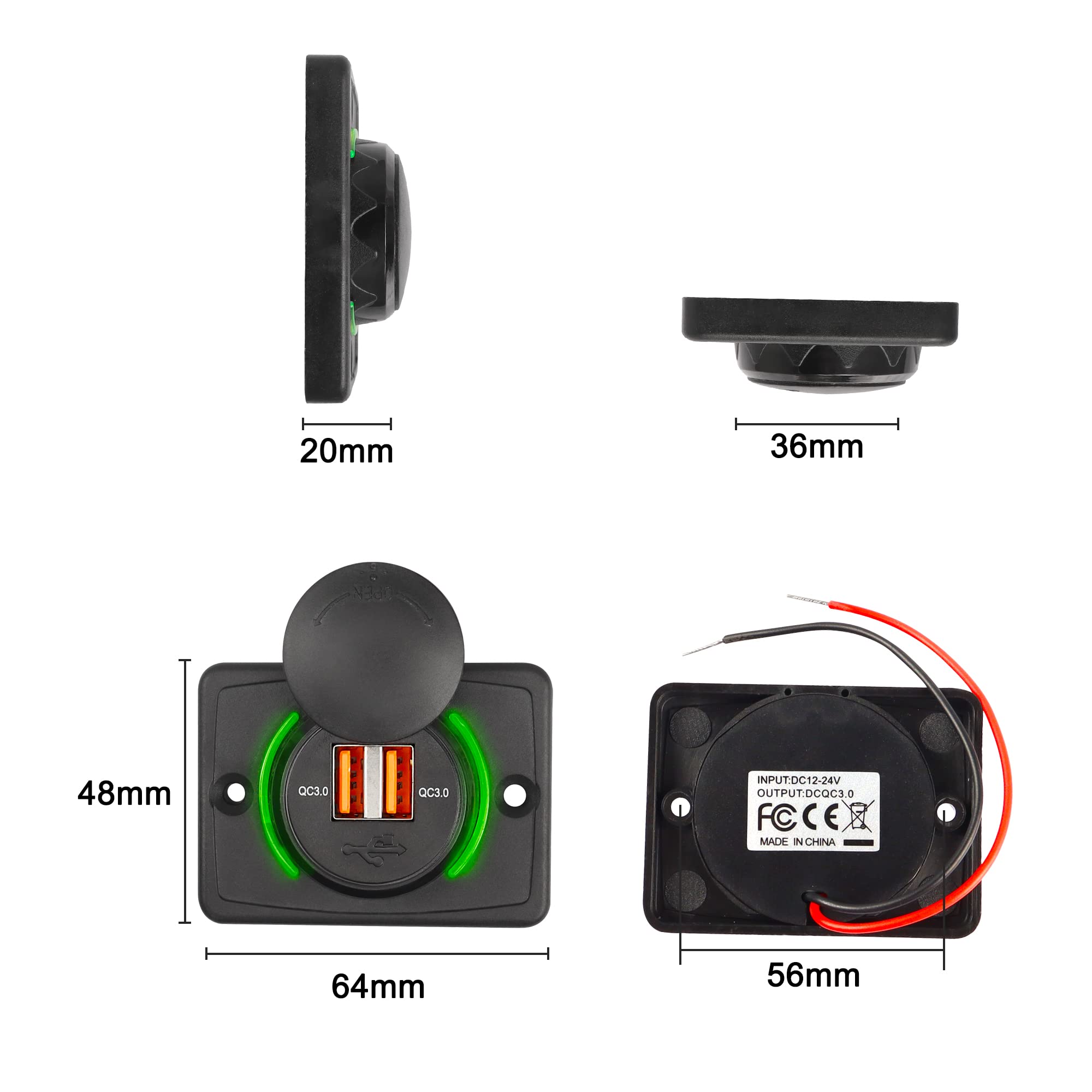 Presa USB 12V per Camper, Qidoe USB C da 36 W e Doppio QC3.0 da 18 W Porte Caricabatteria da Auto Adattatore Pannello Presa di Ricarica con Pulsante ON/OFF per 12V - 24V