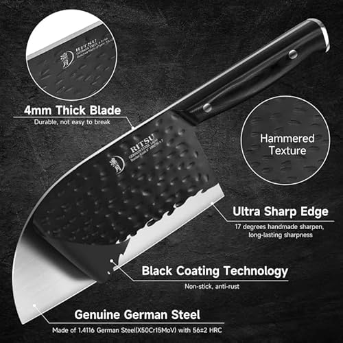 Ritsu Butcher Knife,8 Inch Serbian Chef Knife Hand Forged Kitchen Knife,German High Carbon Steel Full Tang Meat Cleaver With Leather Sheath, For Kitchen Outdoor Bbq Camping #TOP5
