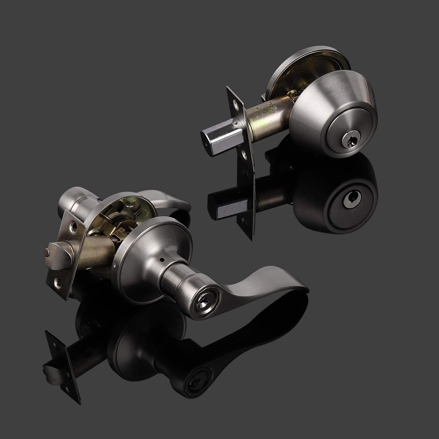 One-Day Sale: Up to 70% Off 2 Sets-Wave Style Entry Door Levers with Double Cylinder Deadbolts Combo Pack, Keyed Alike Door Knobs Exterior and Interior Lockset Leverset, Handleset for Front and Entrance Door