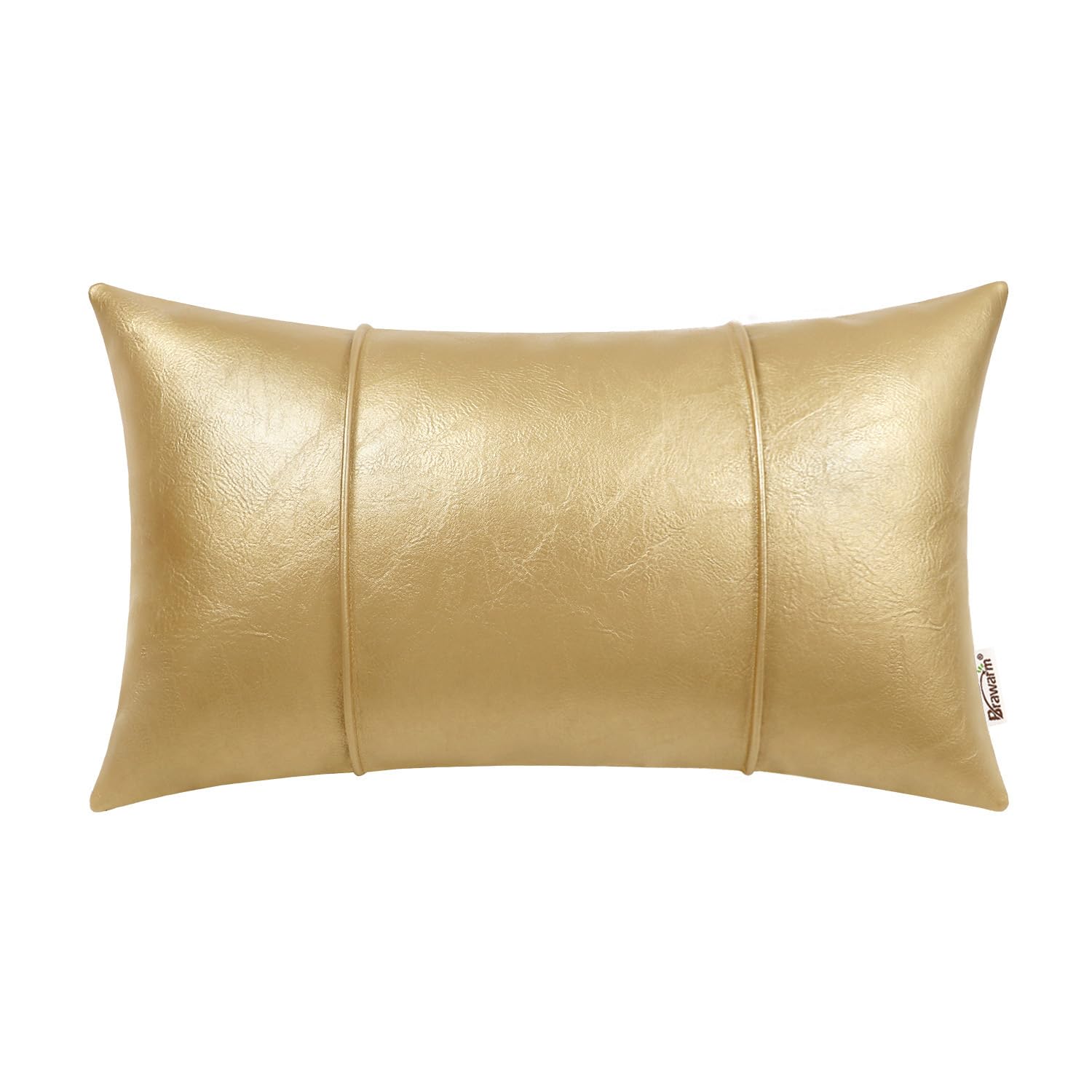 BRAWARM Gold Leather Throw Pillow Covers 12 X 20 Inches - Faux Leather Lumbar Pillow Cover with Piping, Hand Stitched Leather Throw Pillow for Couch