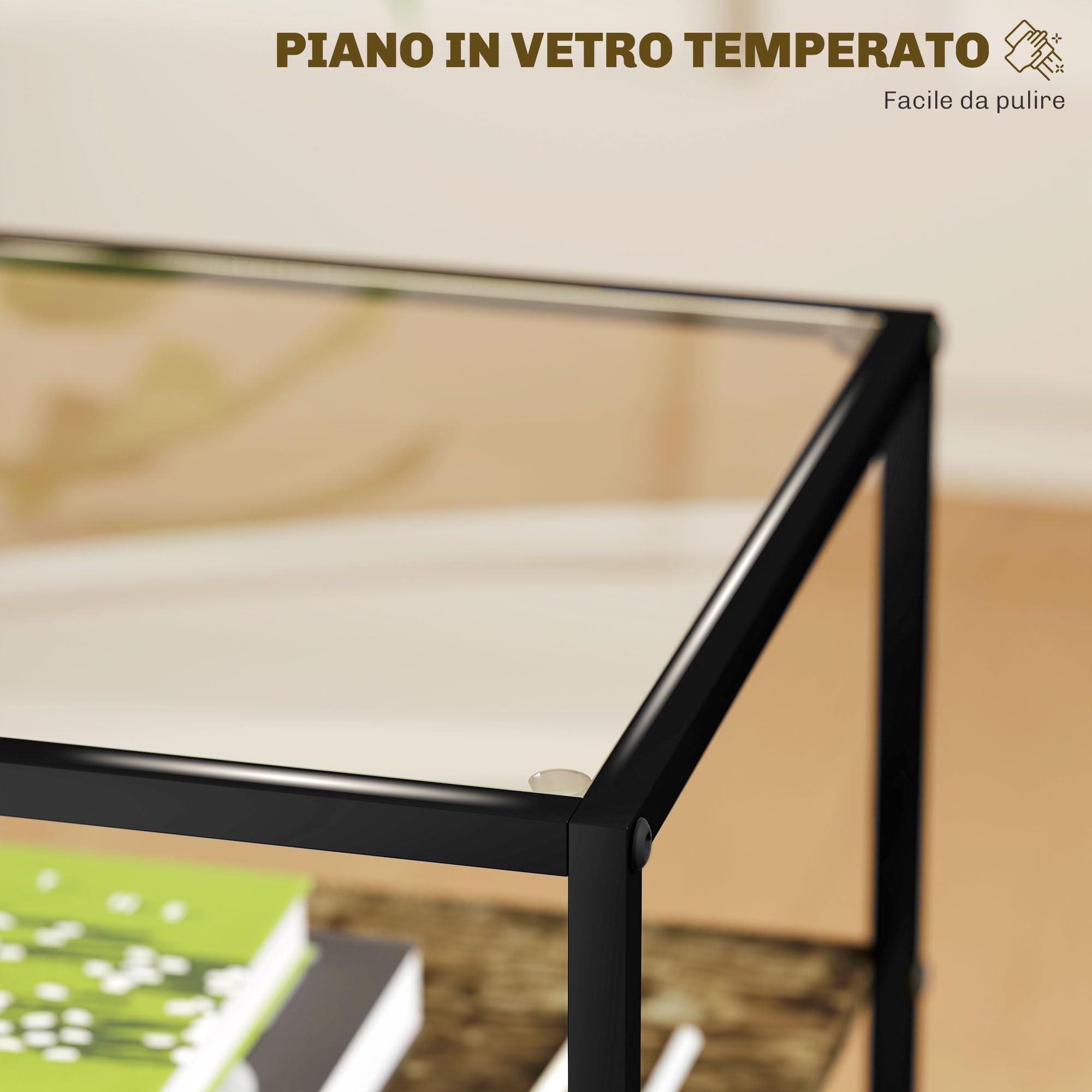HOMCOM Set 2 Tavolini da Soggiorno a 3 Livelli con Base Rialzata, Tavolini Bassi in Legno, Metallo e Piano in Vetro Temperato, 37x40x55.5 cm, Marrone