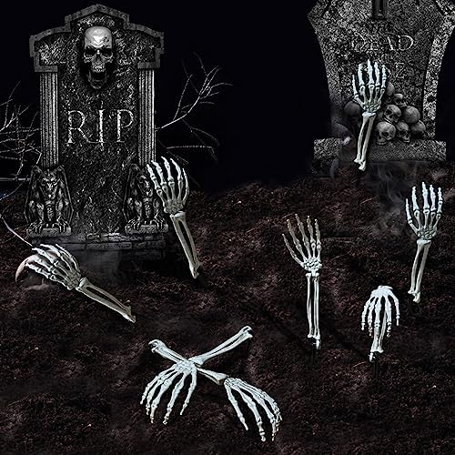 61U5NFMPaRL._AC_ 8 Pieces Realistic Looking Skeleton Stakes Separated Plastic Skeleton Hands Halloween Zombie Arms Lawn Stakes for Halloween Props Decorations (Right and Left) (Pack of 8)