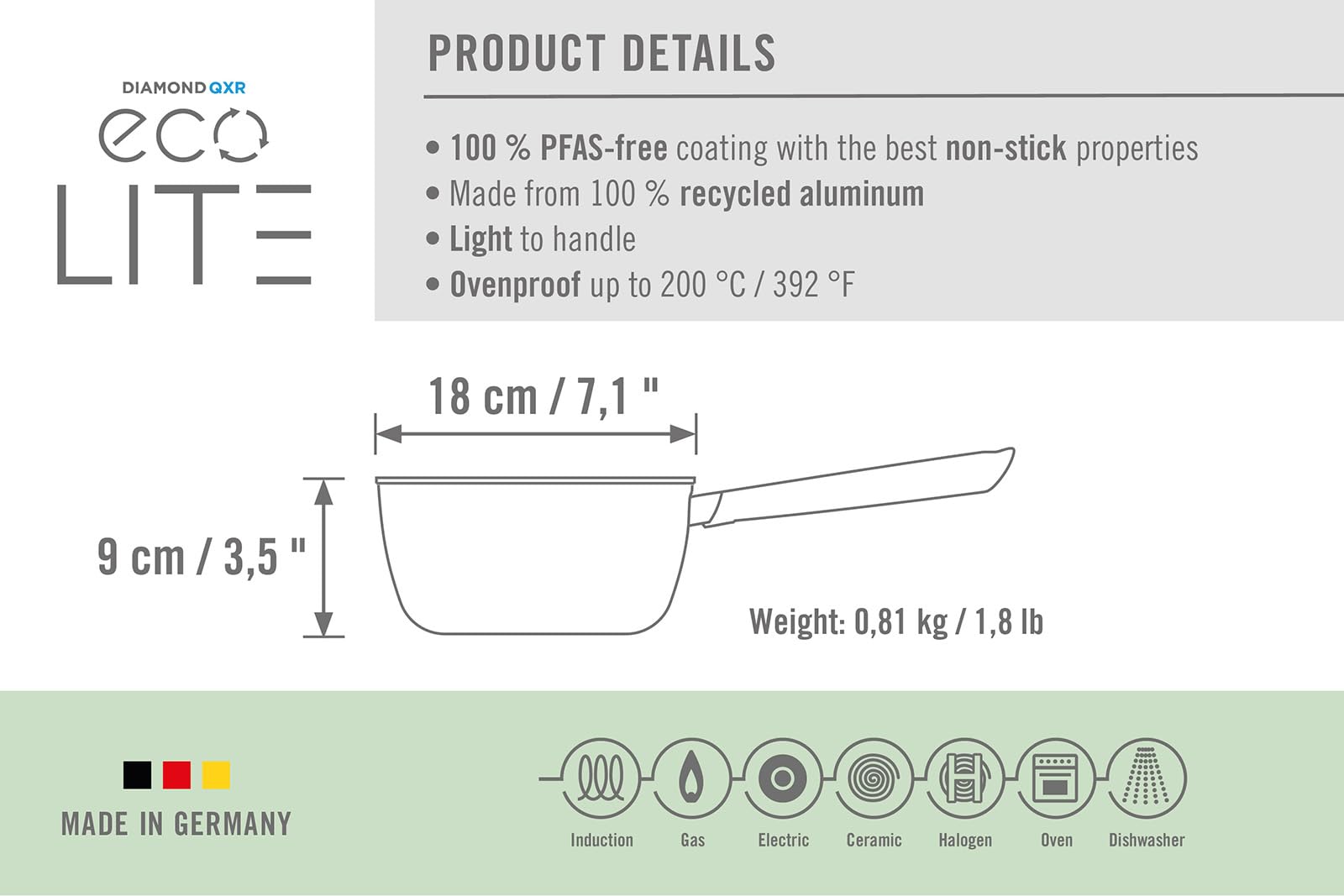 WOLL Eco Lite QXR garnek z trzonkiem Ø 18 cm, 2,0 l z mocnym trzonkiem – nieprzywierający garnek Diamond-QXR – nie zawiera PFAS – aluminium z recyklingu, indukcja, nadaje się do piekarników
