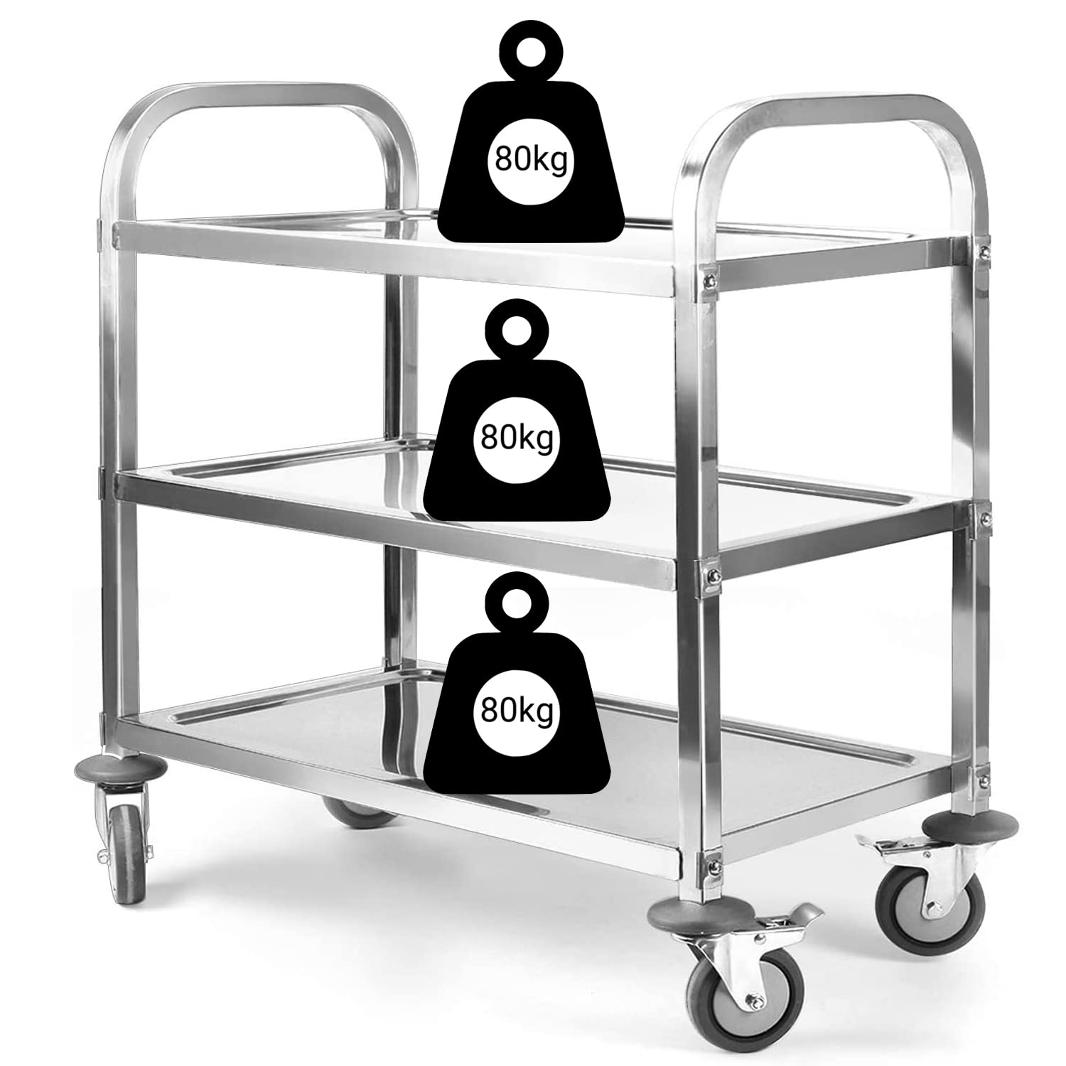 carrello da cucina a 3 ripiani, in acciaio inox, 950 x 950 x 500 mm, multiuso, con ruote e freno, per hotel, ristoranti, cucine, camere