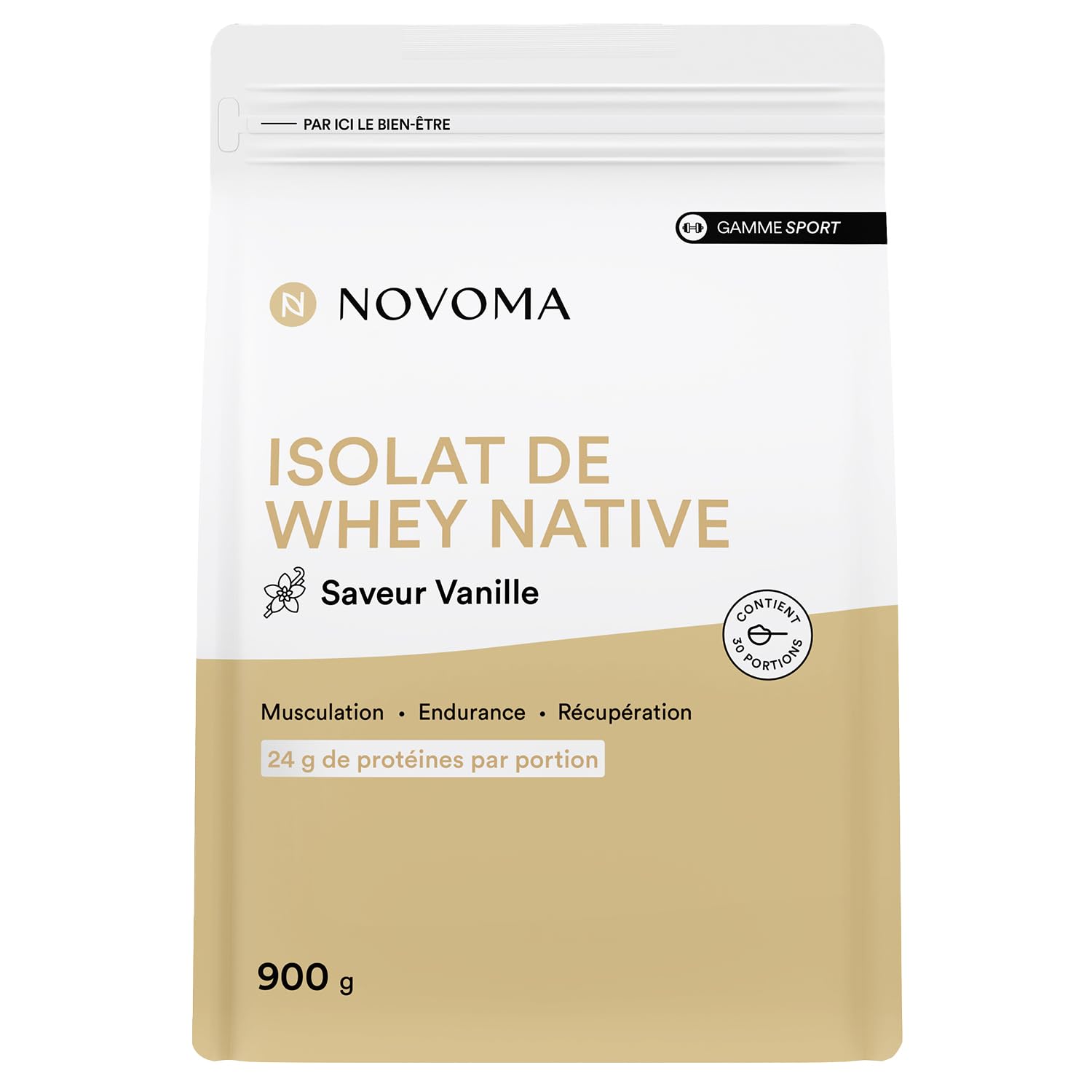 NOVOMA Whey Isolate Native, Protéine Pure Non Dénaturée, 24g de Protéines par Portion, Saveur Vanille, Musculation, 30 Portions, Sachet 900g, Fabriqué en France