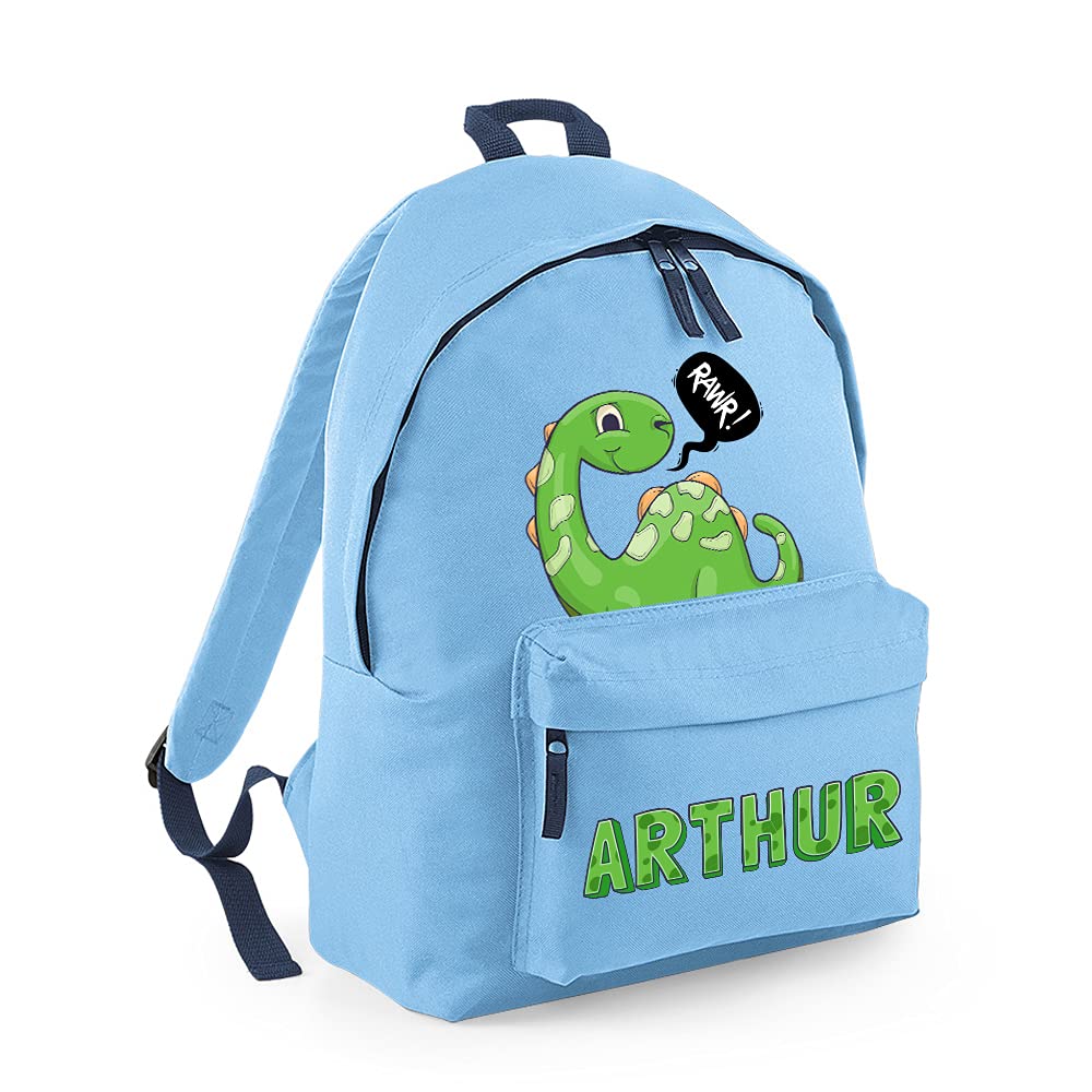 Getagift Women's Sky Blue French Navy Personalised With Any Name Dinosaur Rawr Fashion Backpack, Toddler Backpack For Nursery/Preschool/Travel/Kindergarten, Kids/Teen Fashion Daypack Rucksack Shoulder Bag. (Sky Blue French Navy)
