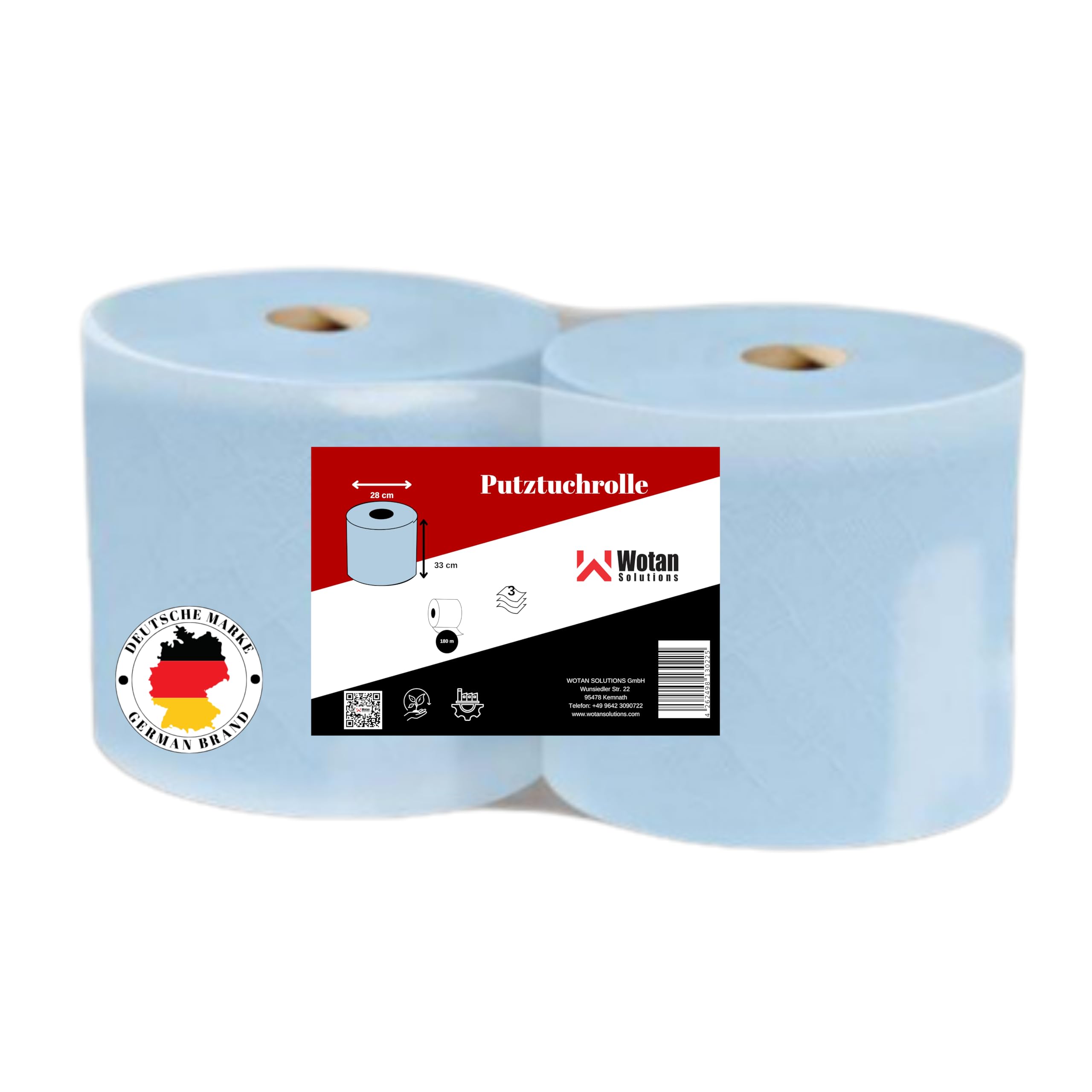 Wotan Premium Putztuchrolle Blau 3-lagig 2er Pack – 1000 Blatt Werkstattpapier FSC-zertifiziert – Extra reißfeste Industrierollen für KFZ, Werkstatt & Gastronomie