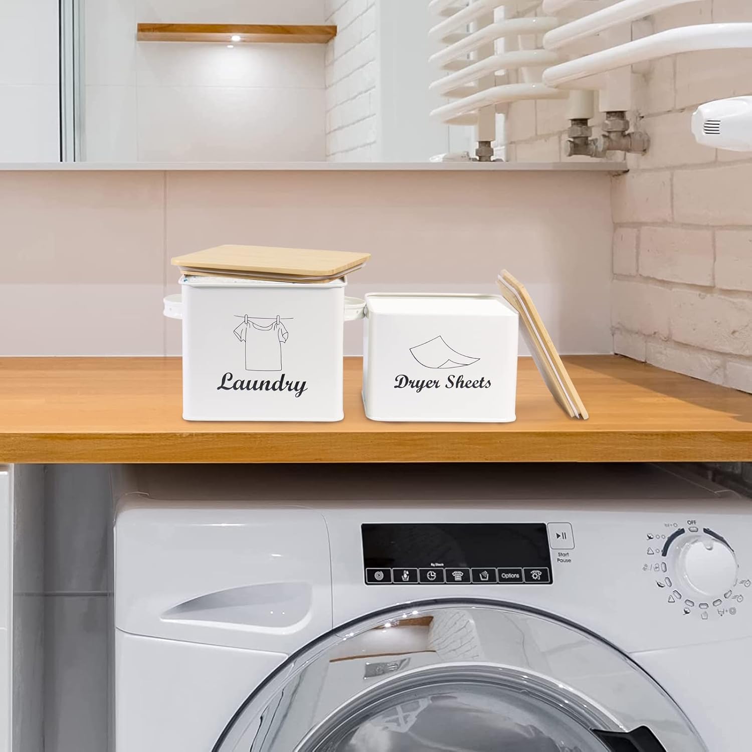 Set of Laundry Powder Bin & Dryer Sheets Holder, Laundry Detergent Powder Storage Box with Scoop, Wooden Lid & Handles, Metal Laundry Dryer Sheet Dispenser for Laundry Room Decor- Cream White