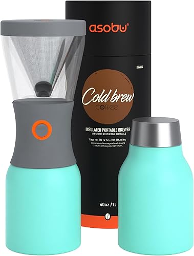 asobu Coldbrew - Cafetera portátil con aislamiento al vacío de acero inoxidable de 1 litro, jarra de 188 sin BPA (verde menta)