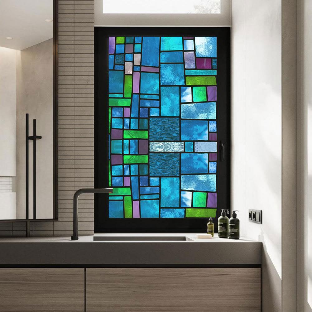 Blue Brick Privacy Film - Frosted Static Cling Glass Sticker No Glue Decorative UV Blocking Heat Control Coverings 23.62"x62.99"(60x160cm)