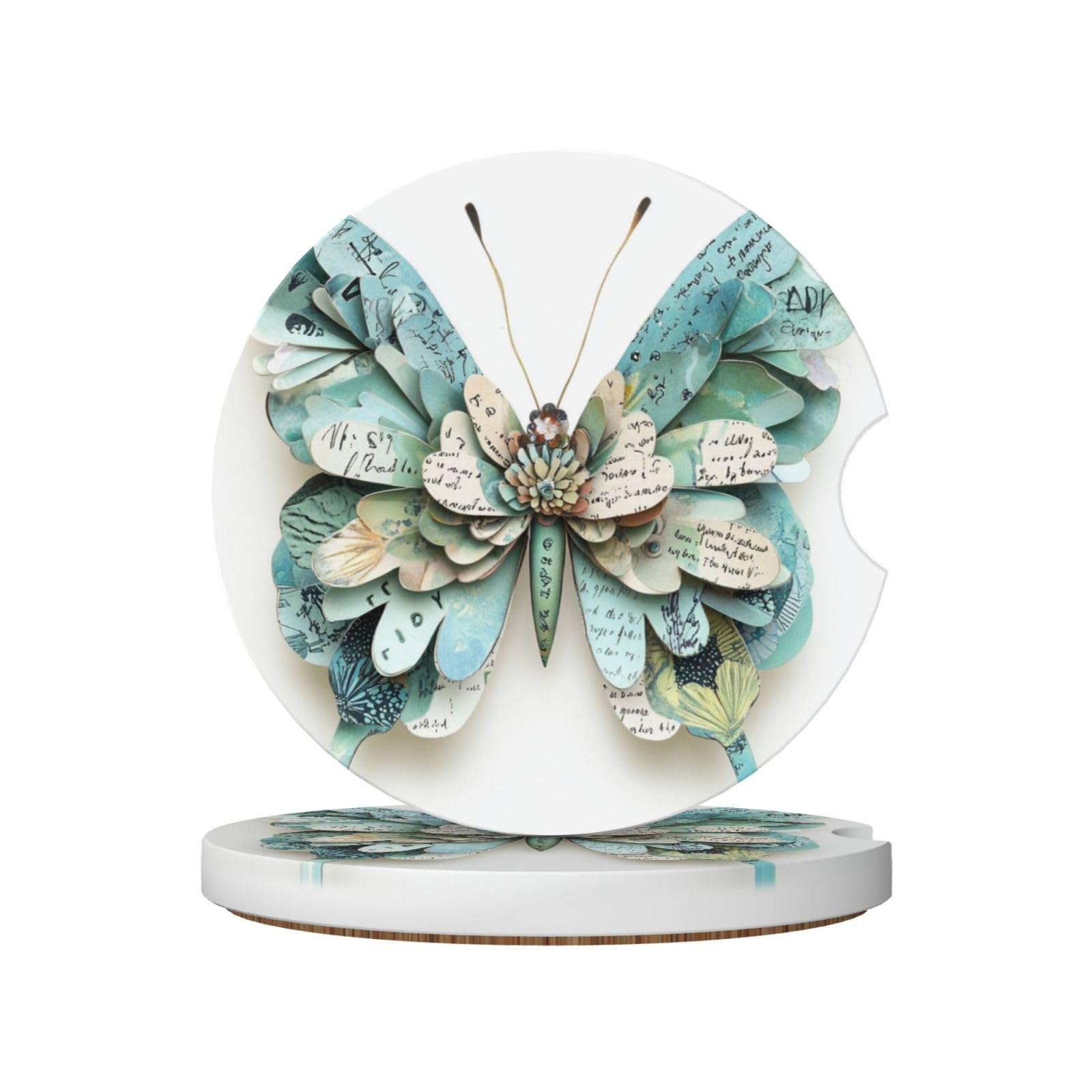 Layered Paper Collage Butterfly Ceramic Coasters,2pcs