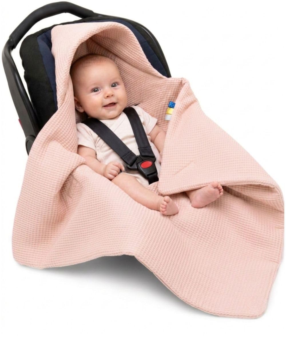 Einschlagdecke Babyschale aus Waffelstoff für Neugeborenen und Kleinkinder Herbst Winter Baumwolle Baby Decke Kuscheldecke Für Autositx Kinderwagen Buggys z.B. Maxi Cosi 3 Punkt Gurt (Hellrosa)