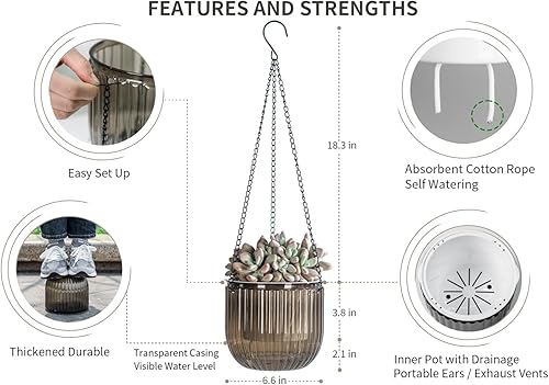 Miniatura 4 de Macetas colgantes de riego automático de 6.5 pulgadas, con agujeros de drenaje, macetas colgantes al aire libre, nivel de agua visible, colgador de