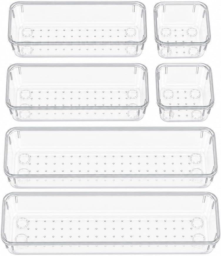 6 PCS Clear Plastic Drawer Organizers Set Storage Trays