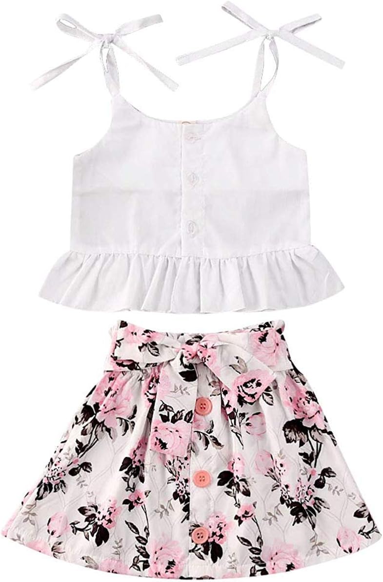 Toddler Baby Girl Sleeveless White Tank Top Shirts+Gray Stripe Shorts Pant with Bow Belt+Headband Summer Clothes Set