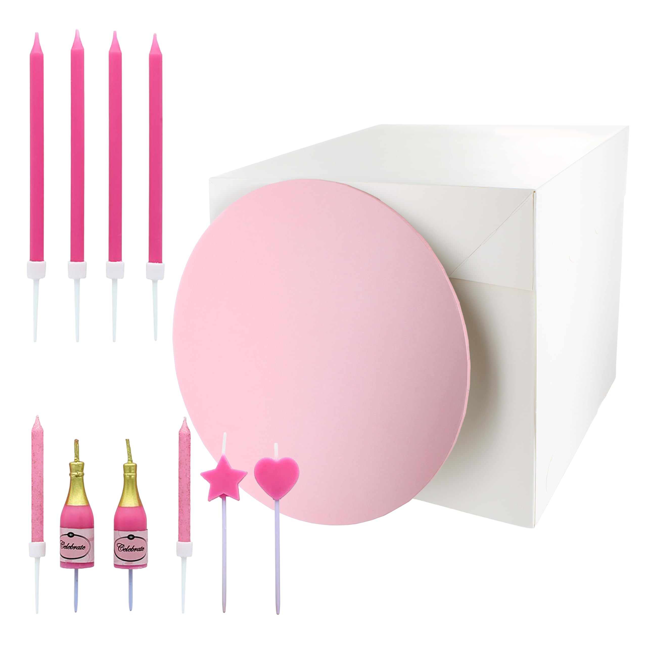 Culpitt Pink Fizz Cake Kit | Birthday Cake Candles, Cake Board, Cake Box | For Parties, Celebration, Champagne Bottle, Heart, & Star - 10 Candles, 10" Pink Masonite Board, White Box