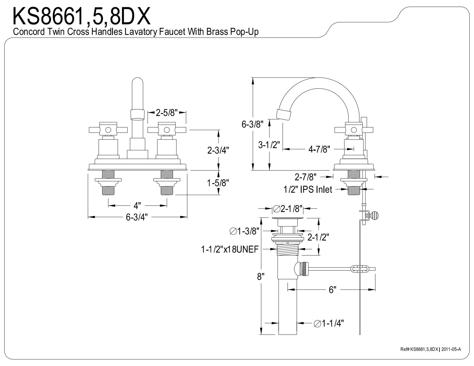 Kingston Brass KS8661DX Concord llave de lavabo con manijas de cruz doble, 4-7/8 pulgadas, cromo pulido, Níquel cepillado, 4-7/8 inch spout reach