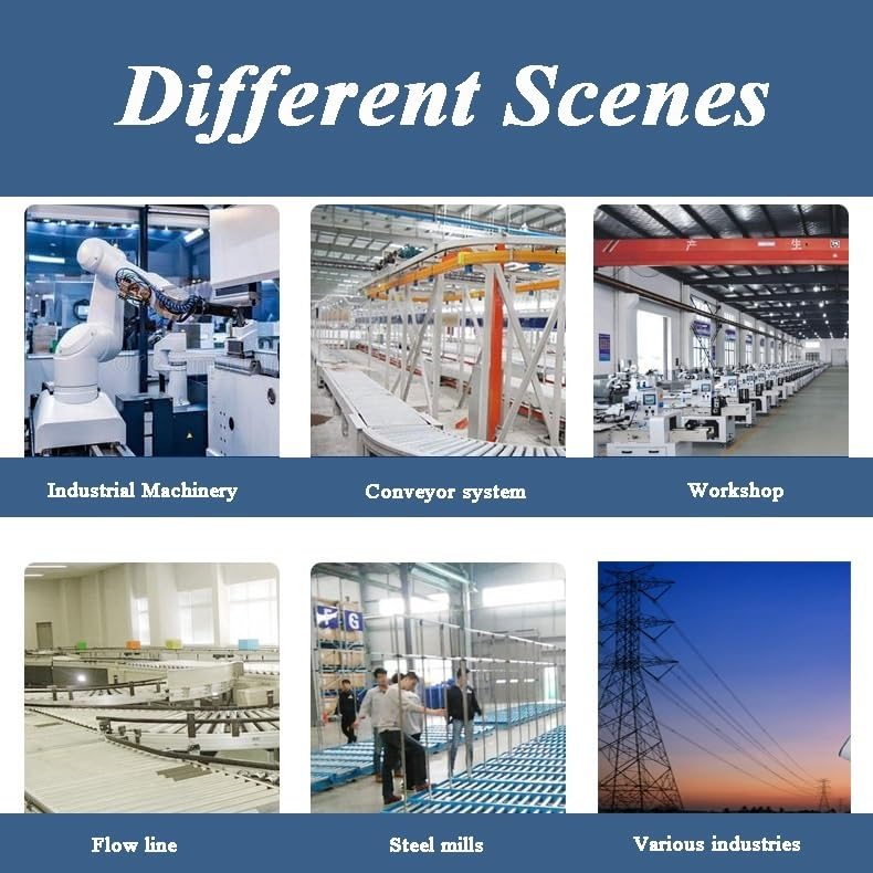 Collage of images showing conveyor rollers in various industrial settings like machinery, conveyor systems, workshops, and flow lines.