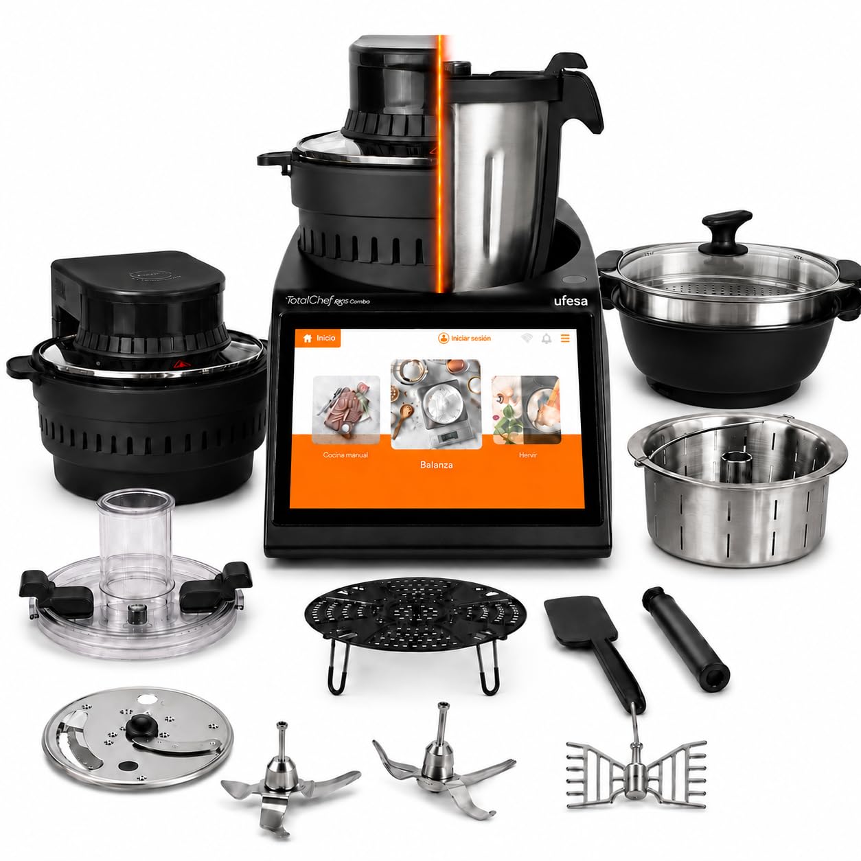 Ufesa TotalChef RK15 Combo Robot de Cocina con Freidora de Aire 2 en 1, 2400 W, Jarra 4,5 L, Air Fryer 5 L, Pantalla Táctil 10”, WiFi, 30 Funciones y 150 Recetas