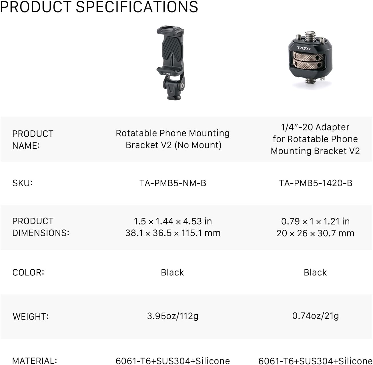 Tilta Rotatable Phone Mount for Tripod & Camera | Universal 1/4"-20 Screw Mount | Adjustable Rotation | Compatible with iPhone, Camera Cages & Accessories – Black