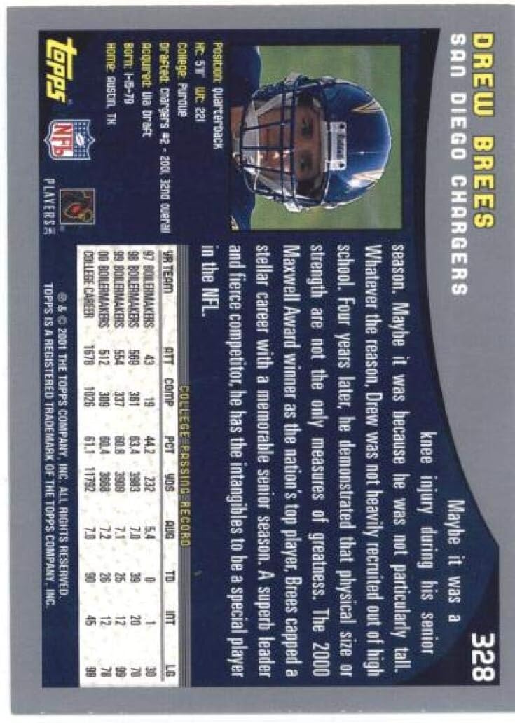 2001 Topps #328 Drew Brees RC Rookie San Diego Chargers Football NM-MT