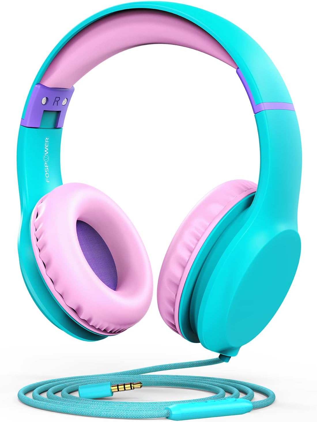 FosPower Kids Headphones with 3.5mm Laced Cables, Children & Teens Over The Ear Foldable Adjustable Headset w/Built-in Mic for Smartphones/PC/Tablet/Laptop/School (Max Volume 85dB) – Mint/Pink