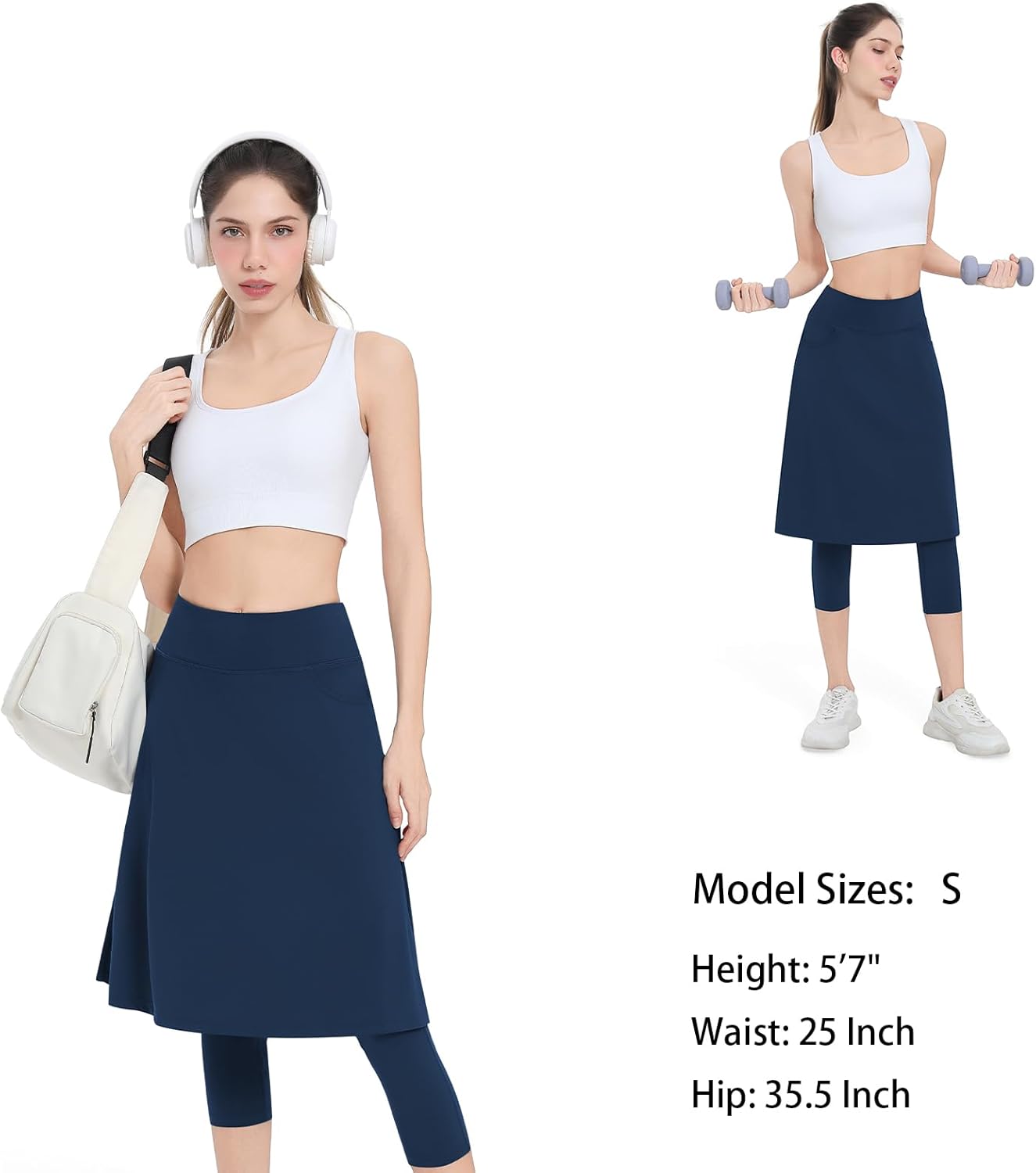 Women Athletic Knee Length Skirts with Leggings,Yoga Skorts Leggings with Arc-Shaped Pockets&Women Skirted Capris Skorts