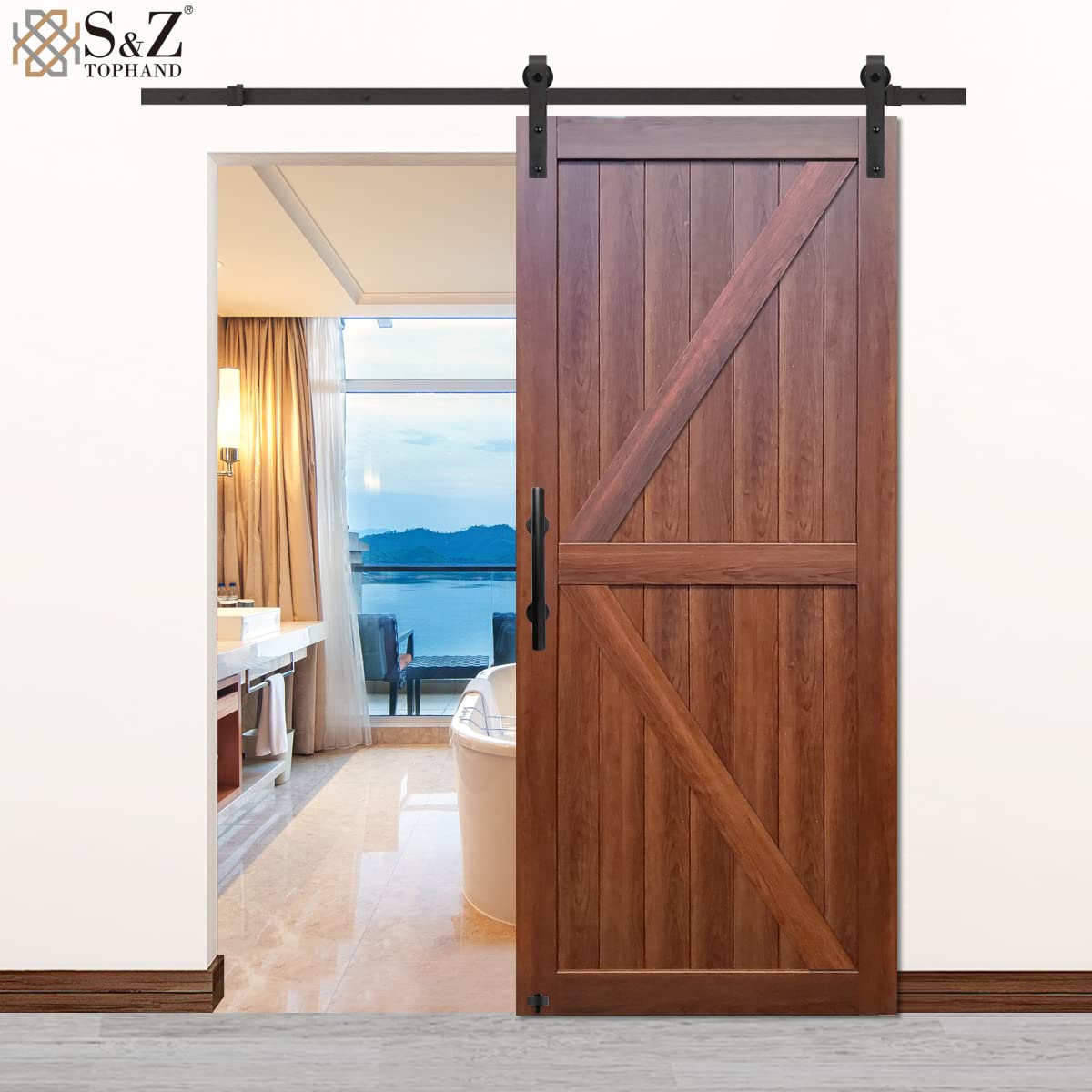 Image showcasing Snapklik.com : S&Z TOPHAND 36 In X 84 In PVC Barn Door, Brown Wood ...