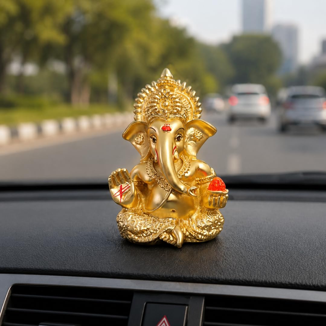 Gold Art India Gold Plated Satin Ganesha/Vinayaka/Vinayagar/Pillayar Idol - Versatile Car Dashboard and Home/Office Decor (MUKUTSATINGOLD 3.5")