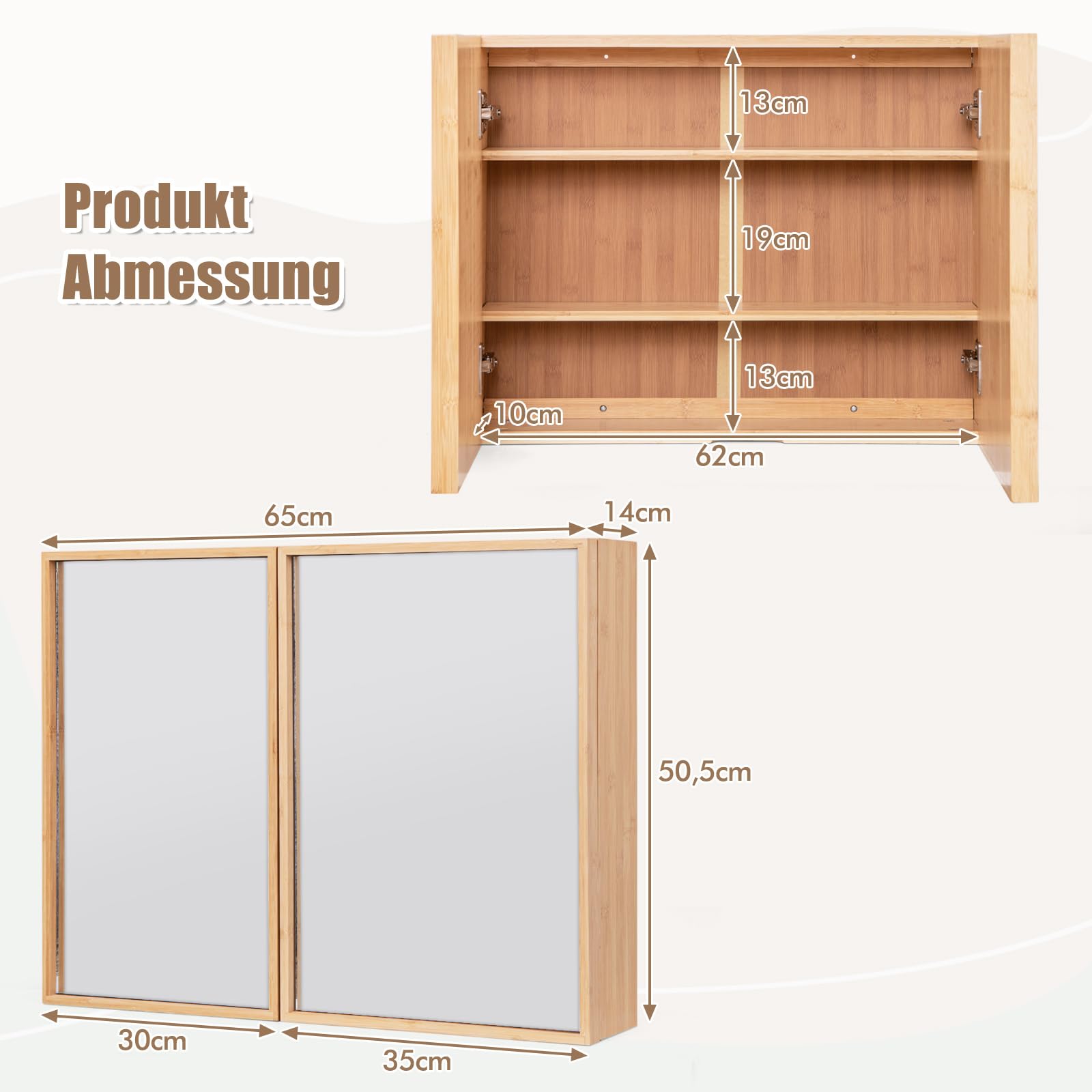 COSTWAY Bambus Spiegelschrank Bad, Badezimmerschrank mit Spiegel, Badezimmer Hängeschrank mit 2 Türen & 2 verstellbaren Regalen, Wandschrank für Badezimmer, Natur