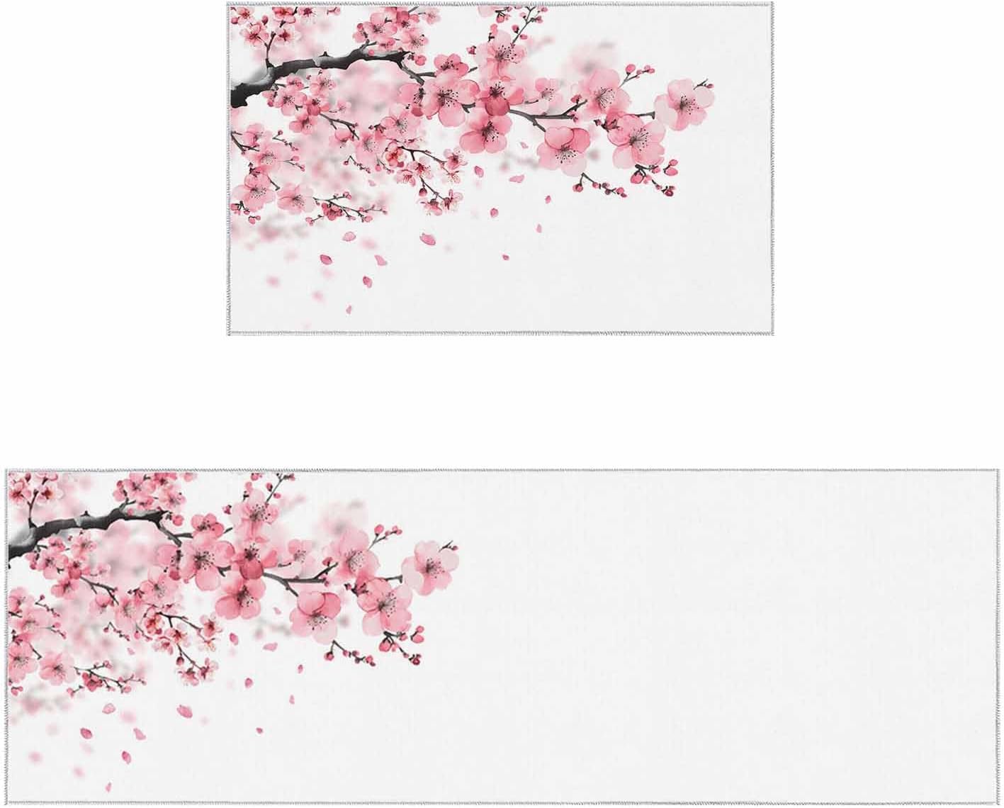 2 Pieces Kitchen Rugs and Mats,Watercolor Pink Cherry Blossom Area Runner Rug Set Non Slip Floor Doormat Washable Carpet Standing Mat for Kitchen Sink Indoor Corridor,Natural Flower Tree Scenic