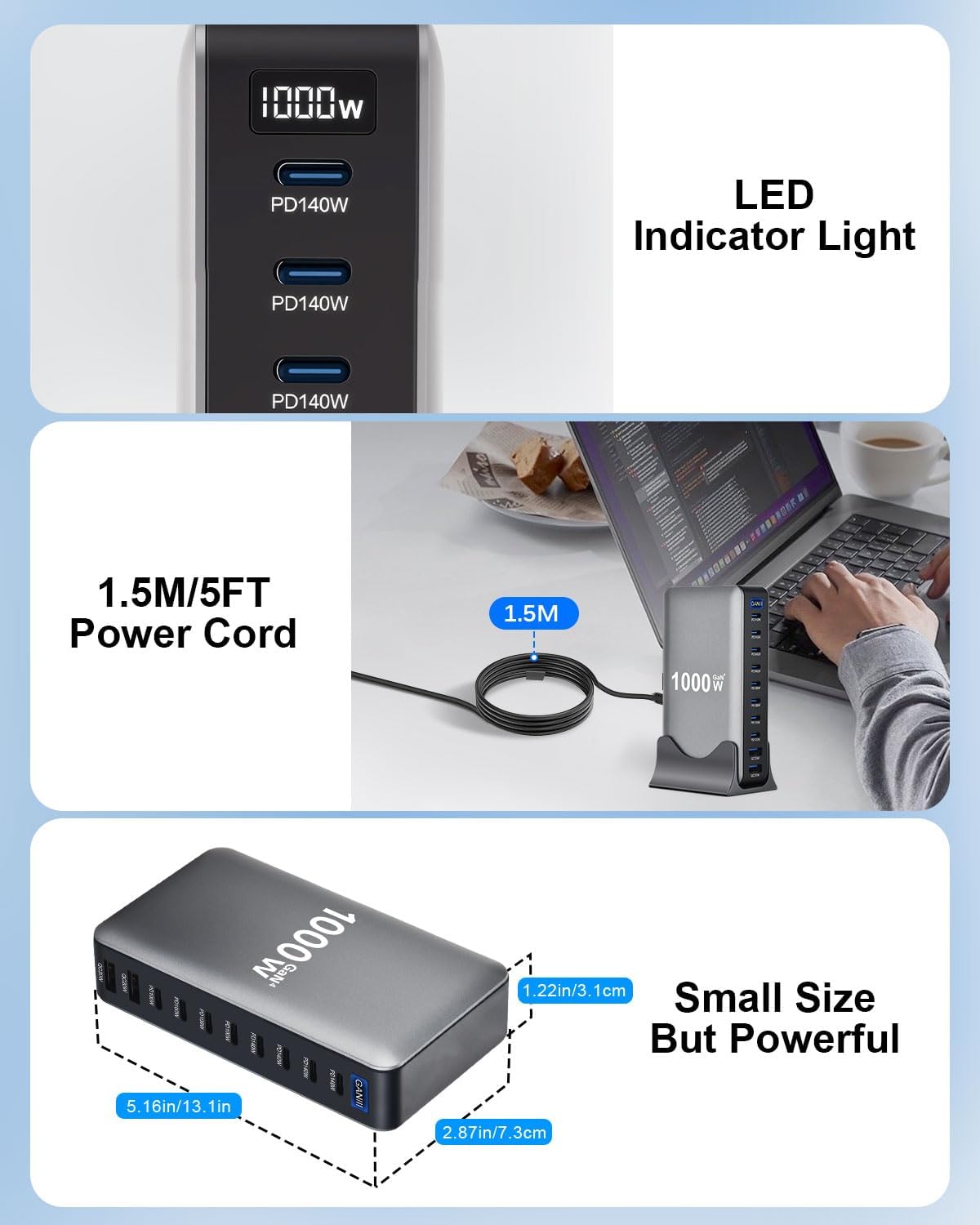 Caricatore USB C multiplo, 1000 W, 10 porte, GaN III, stazione di ricarica rapida con 8 USB-C e 2 USB-A, caricabatterie PD PPS 100 W, adattatore per laptop per Mac Book Pro/Air/iPad Pro