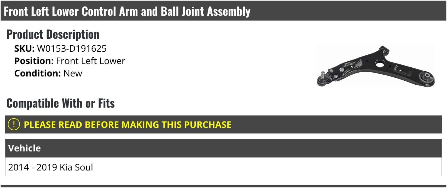 Front Left Driver Side Lower Control Arm and Ball Joint Assembly - Compatible with 2014-2019 Kia Soul